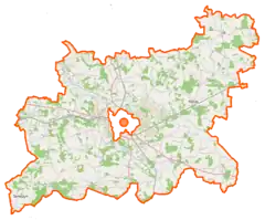 Mapa konturowa powiatu siedleckiego, blisko centrum u góry znajduje się punkt z opisem „Podnieśno”