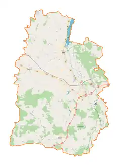 Mapa konturowa powiatu sieradzkiego, na dole znajduje się punkt z opisem „Złoczew”