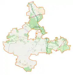 Mapa konturowa powiatu skierniewickiego, blisko lewej krawiędzi znajduje się punkt z opisem „Mszadla”