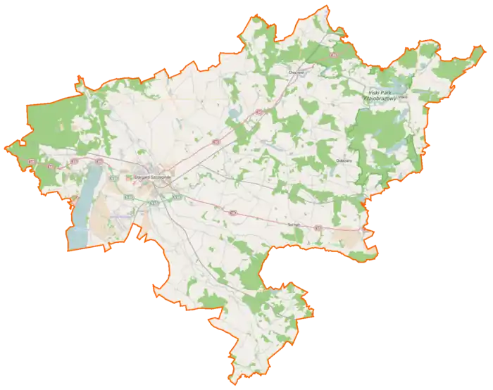 Mapa konturowa powiatu stargardzkiego, u góry nieco na lewo znajduje się punkt z opisem „Łęczyca”