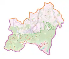 Mapa konturowa powiatu tatrzańskiego, na dole nieco na prawo znajduje się punkt z opisem „źródło”, natomiast na dole po prawej znajduje się punkt z opisem „ujście”