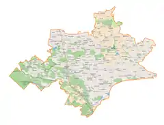 Mapa konturowa powiatu tomaszowskiego, blisko centrum u góry znajduje się punkt z opisem „Michalów-Kolonia”