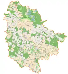 Mapa konturowa powiatu trzebnickiego, u góry nieco na lewo znajduje się punkt z opisem „Nowe Domy”