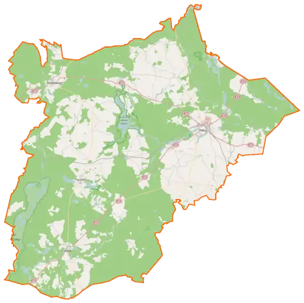 Mapa konturowa powiatu wałeckiego, u góry znajduje się owalna plamka nieco zaostrzona i wystająca na lewo w swoim dolnym rogu z opisem „Bobrowo”