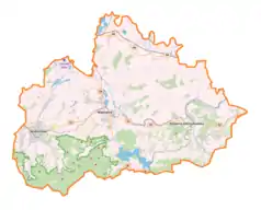 Mapa konturowa powiatu wadowickiego, po lewej nieco na dole znajduje się punkt z opisem „Andrychów Górnica”