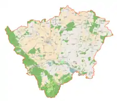 Mapa konturowa powiatu ząbkowickiego, blisko dolnej krawiędzi znajduje się punkt z opisem „Cmentarz na zboczu Jawornika Wielkiego”