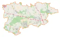 Mapa konturowa powiatu zgierskiego, po lewej znajduje się punkt z opisem „Chociszew”