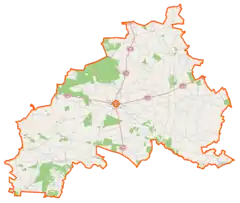 Mapa konturowa powiatu zwoleńskiego, po prawej znajduje się punkt z opisem „Ławeczko Nowe”