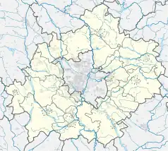 Mapa konturowa powiatu poznańskiego, u góry znajduje się punkt z opisem „Kościół św. Tymoteusza w Białężynie”