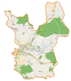 Mapa konturowa gminy Praszka, u góry po prawej znajduje się punkt z opisem „Sołtysy”