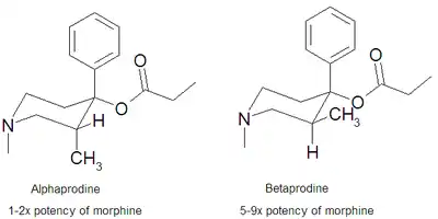 Porównanie struktury chemicznej alfaprodyny i betaprodyny