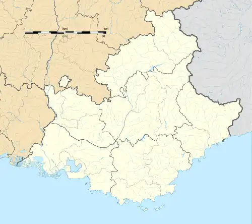 Mapa konturowa regionu Prowansja-Alpy-Lazurowe Wybrzeże, po lewej znajduje się punkt z opisem „Carpentras”