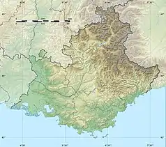 Mapa konturowa regionu Prowansja-Alpy-Lazurowe Wybrzeże, blisko centrum na dole znajduje się owalna plamka nieco zaostrzona i wystająca na lewo w swoim dolnym rogu z opisem „Lac de Sainte-Croix”