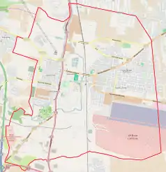 Mapa konturowa Pruszcza Gdańskiego, w centrum znajduje się punkt z opisem „Krajowa Spółka Cukrowa S.A.”