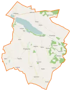 Mapa konturowa gminy Przelewice, u góry po lewej znajduje się punkt z opisem „Lubiatowo”