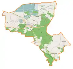 Mapa konturowa gminy Przemków, u góry nieco na lewo znajduje się punkt z opisem „Stawy Przemkowskie”