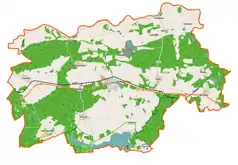 Mapa konturowa gminy Przytoczna, u góry po lewej znajduje się punkt z opisem „Pałac w Krasnym Dłusku”