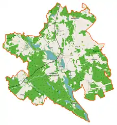 Mapa konturowa gminy Pszczew, po prawej nieco na dole znajduje się punkt z opisem „Silna”