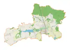 Mapa konturowa gminy Pszczyna, w centrum znajduje się ikonka pałacu z opisem „Książęca Bażantarnia”