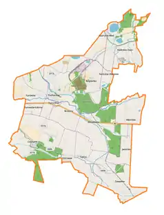 Mapa konturowa gminy Puchaczów, po lewej nieco na dole znajduje się punkt z opisem „Cmentarz wojenny w Ciechankach”