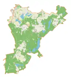 Mapa konturowa gminy Purda, blisko centrum u góry znajduje się punkt z opisem „Kościół Świętego Michała Archanioła”