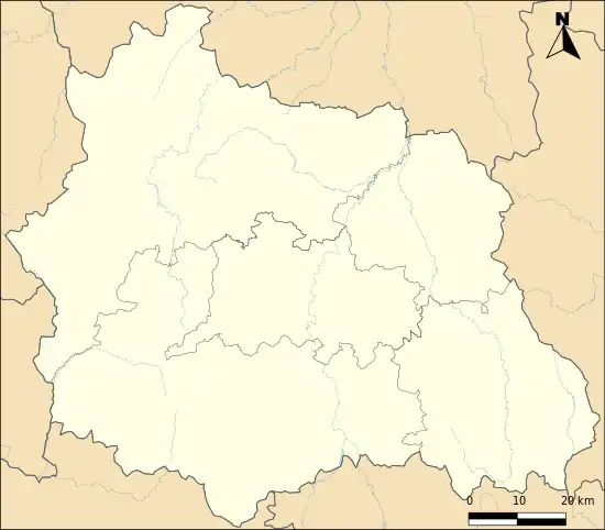 Mapa konturowa Puy-de-Dôme, po lewej nieco u góry znajduje się punkt z opisem „Miremont”