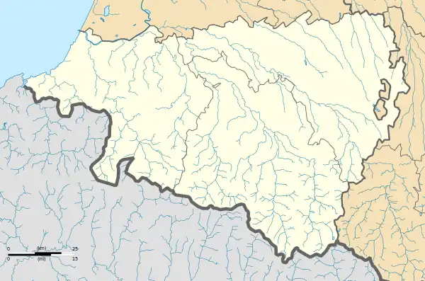 Mapa konturowa Pirenejów Atlantyckich, po prawej nieco u góry znajduje się punkt z opisem „Lescar”