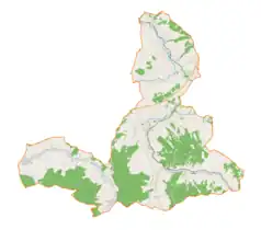 Mapa konturowa gminy Raba Wyżna, u góry nieco na prawo znajduje się punkt z opisem „Skawa”