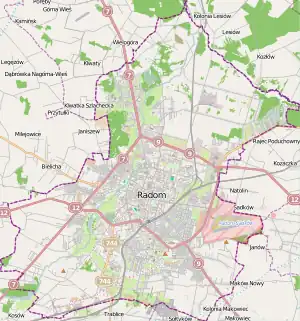 Mapa konturowa Radomia, w centrum znajduje się punkt z opisem „Osiedle XV-lecia”