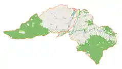 Mapa konturowa gminy Radziechowy-Wieprz, u góry znajduje się punkt z opisem „Parafia św. Marcina”