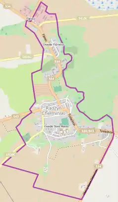 Mapa konturowa Radzynia Chełmińskiego, w centrum znajduje się ikonka zamku z wieżą z opisem „Zamek w Radzyniu Chełmińskim”