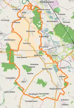 Mapa konturowa gminy Reńska Wieś, w centrum znajduje się punkt z opisem „Większyce”