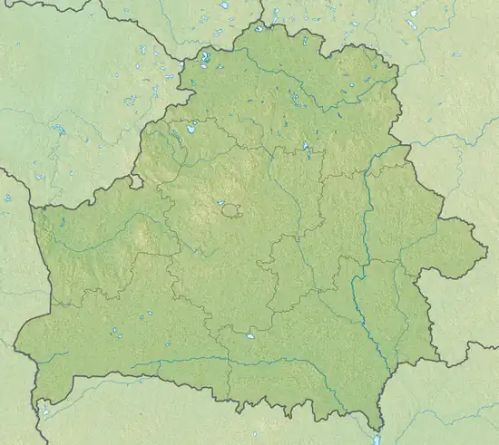 Mapa konturowa Białorusi, blisko centrum na prawo znajduje się punkt z opisem „źródło”, natomiast w centrum znajduje się punkt z opisem „ujście”