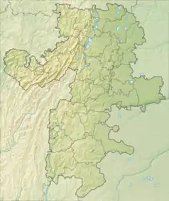 Mapa konturowa obwodu czelabińskiego, blisko centrum u góry znajduje się punkt z opisem „źródło”, natomiast po prawej znajduje się punkt z opisem „ujście”