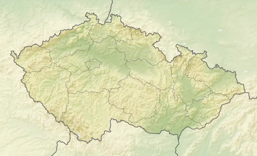 Mapa konturowa Czech, u góry po lewej znajduje się punkt z opisem „miejsce bitwy”