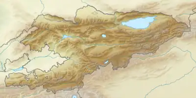 Mapa konturowa Kirgistanu, blisko lewej krawiędzi na dole znajduje się czarny trójkącik z opisem „Góry Turkiestańskie”