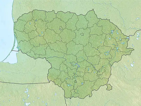 Mapa konturowa Litwy, po prawej znajduje się punkt z opisem „źródło”, poniżej na lewo znajduje się również punkt z opisem „ujście”