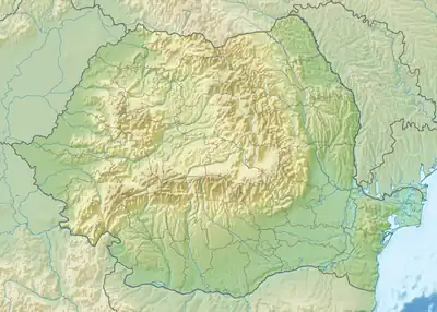 Mapa konturowa Rumunii, blisko górnej krawiędzi znajduje się punkt z opisem „źródło”, natomiast po prawej znajduje się punkt z opisem „ujście”