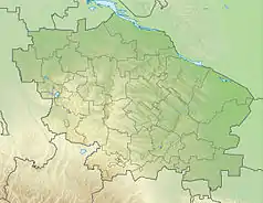 Mapa konturowa Kraju Stawropolskiego, blisko dolnej krawiędzi nieco na lewo znajduje się punkt z opisem „źródło”, natomiast na dole znajduje się punkt z opisem „ujście”