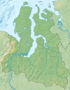 Mapa konturowa Jamalsko-Nienieckiego Okręgu Autonomicznego, blisko centrum u góry znajduje się punkt z opisem „Zatoka Tazowska”