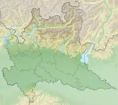 Mapa konturowa Lombardii, po lewej nieco u góry znajduje się punkt z opisem „źródło”, natomiast na dole nieco na lewo znajduje się punkt z opisem „ujście”