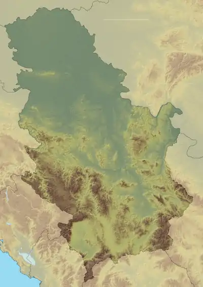 Mapa konturowa Serbii, na dole znajduje się punkt z opisem „źródło”, powyżej na lewo znajduje się również punkt z opisem „ujście”