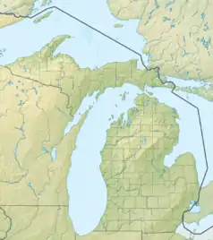 Mapa konturowa Michigan, po prawej znajduje się punkt z opisem „Park stanowy Harrisville”