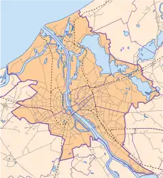 Mapa konturowa Rygi, po prawej znajduje się punkt z opisem „Biķernieku spīdveja stadions”