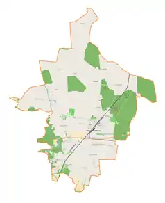 Mapa konturowa gminy Rogów, po lewej znajduje się punkt z opisem „Mroga Dolna”