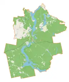 Mapa konturowa gminy Ruciane-Nida, w centrum znajduje się punkt z opisem „Guzianka I”