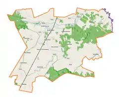 Mapa konturowa gminy Ruda-Huta, w centrum znajduje się punkt z opisem „Cmentarz polskokatolicki w Jazikowie”