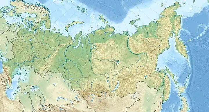 Mapa konturowa Rosji, po prawej nieco na dole znajduje się punkt z opisem „Park Narodowy „Tokinsko-Stanowoj””