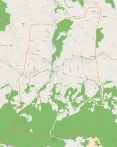 Mapa konturowa Ryglic, w centrum znajduje się punkt z opisem „Ryglice, cmentarz wojenny nr 167”