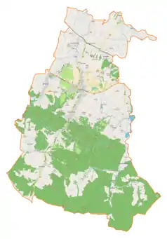 Mapa konturowa gminy Rymanów, po lewej nieco na dole znajduje się punkt z opisem „Bałucianka, cerkiew”